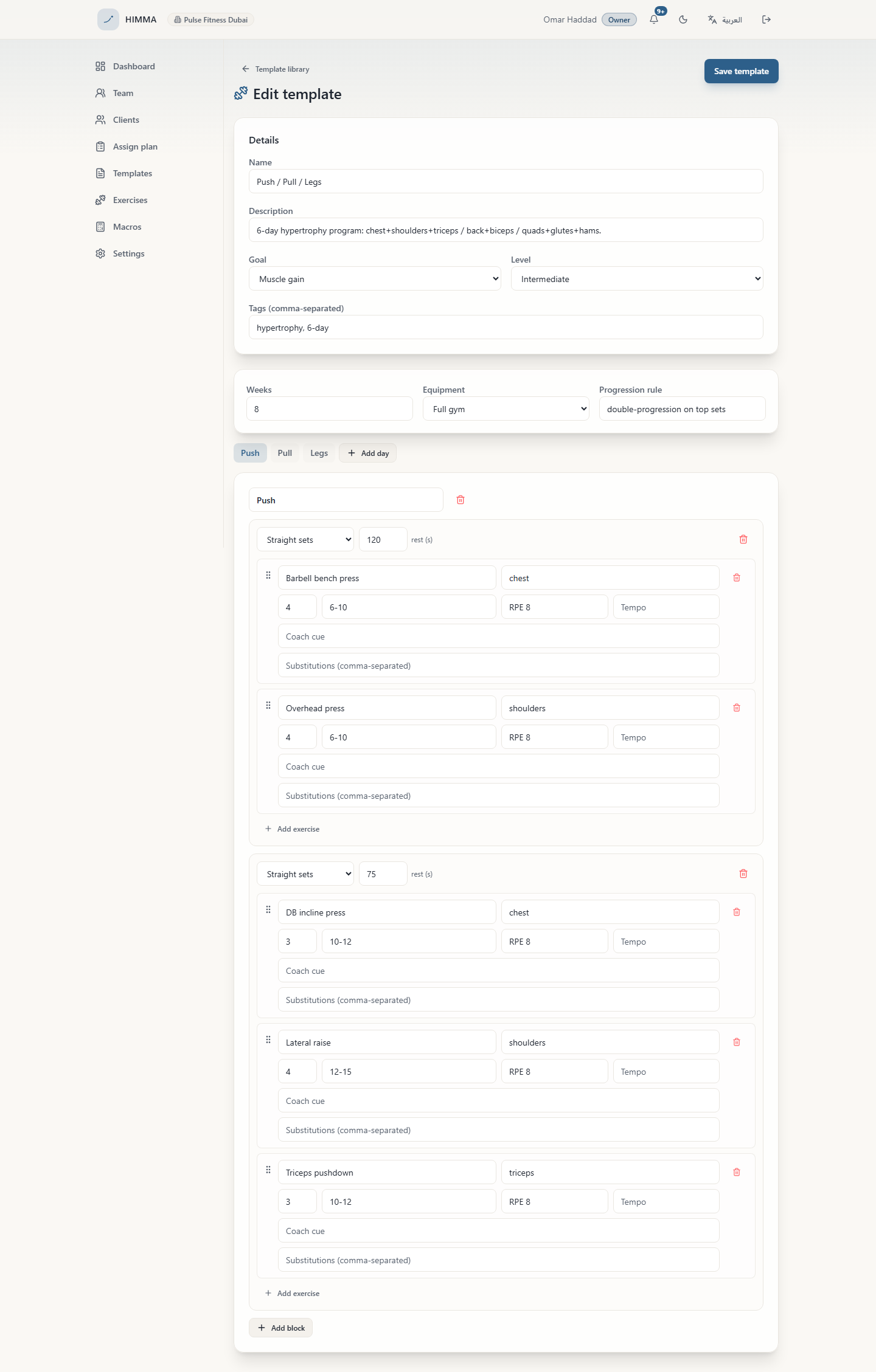 Workout builder with supersets and tempo